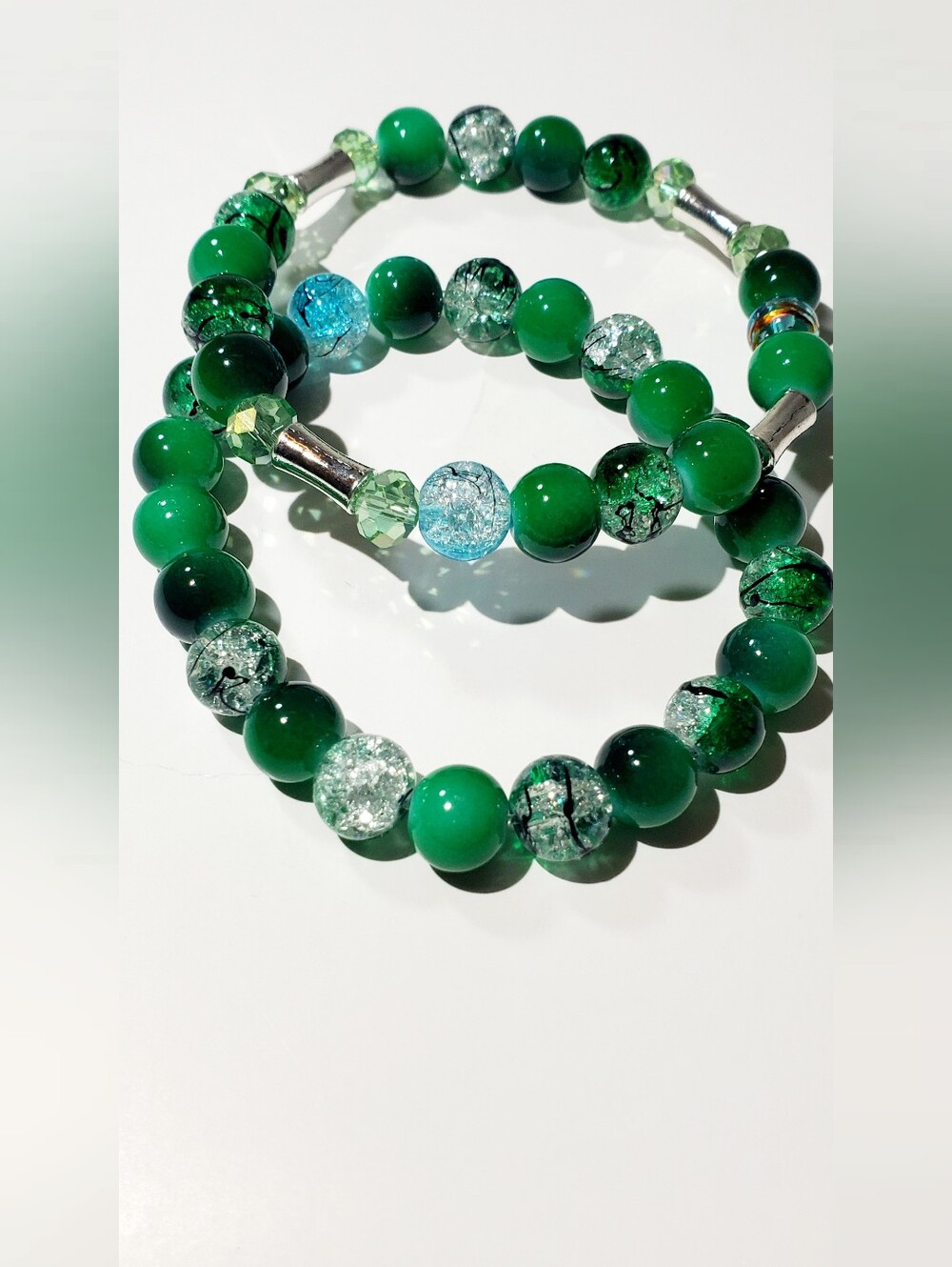 Green Glass Beaded Stretch Bracelet Set - Unbranded